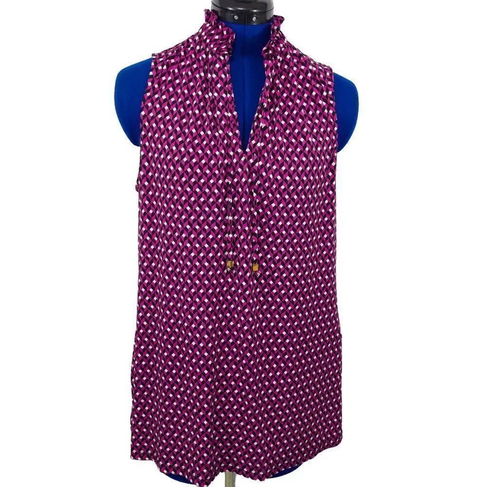 Michael by Micheal Kors Red and White Sleeveless Patterned Blouse